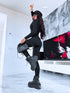 Black, stretchy jumpsuit with front zipper